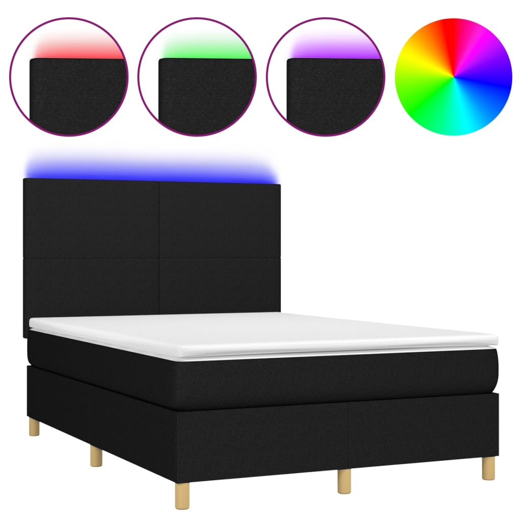Cama box spring colchón y luces led tela negro 140x200 cm diseño plano