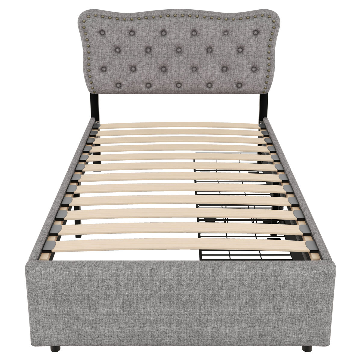 Cama tapizada en tela de lino con 2 cajones - 90x200 cm - cabecero decorado con remaches - gris
