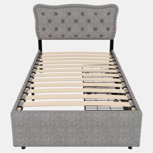 Cama estofada em tecido de linho com 2 gavetas - 90x200 cm - cabeceira decorada com rebites - Cinzento