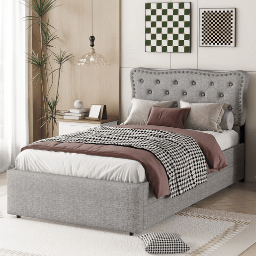 Cama estofada em tecido de linho com 2 gavetas - 90x200 cm - cabeceira decorada com rebites - Cinzento
