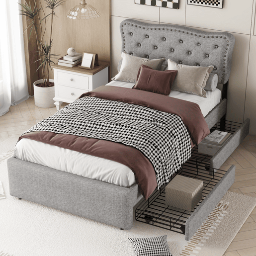Cama estofada em tecido de linho com 2 gavetas - 90x200 cm - cabeceira decorada com rebites - Cinzento