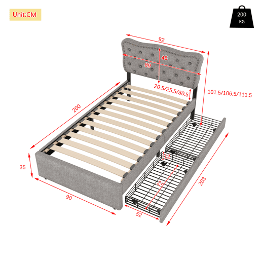 Cama estofada em tecido de linho com 2 gavetas - 90x200 cm - cabeceira decorada com rebites - Cinzento