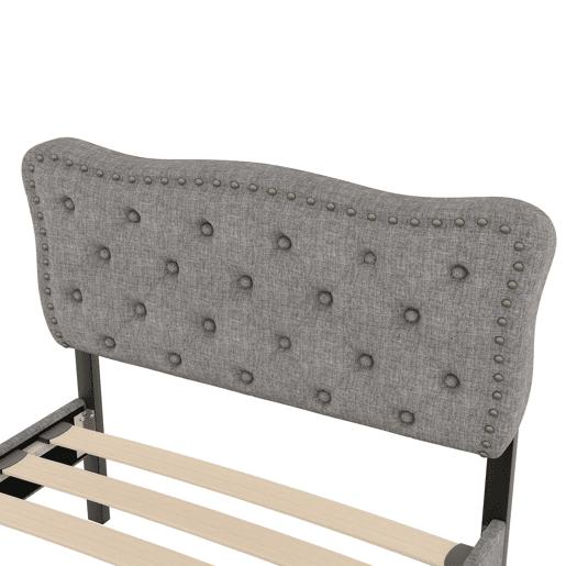 Cama estofada em tecido de linho com 2 gavetas - 90x200 cm - cabeceira decorada com rebites - Cinzento