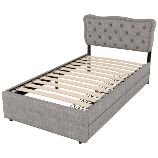 Cama estofada em tecido de linho com 2 gavetas - 90x200 cm - cabeceira decorada com rebites - Cinzento