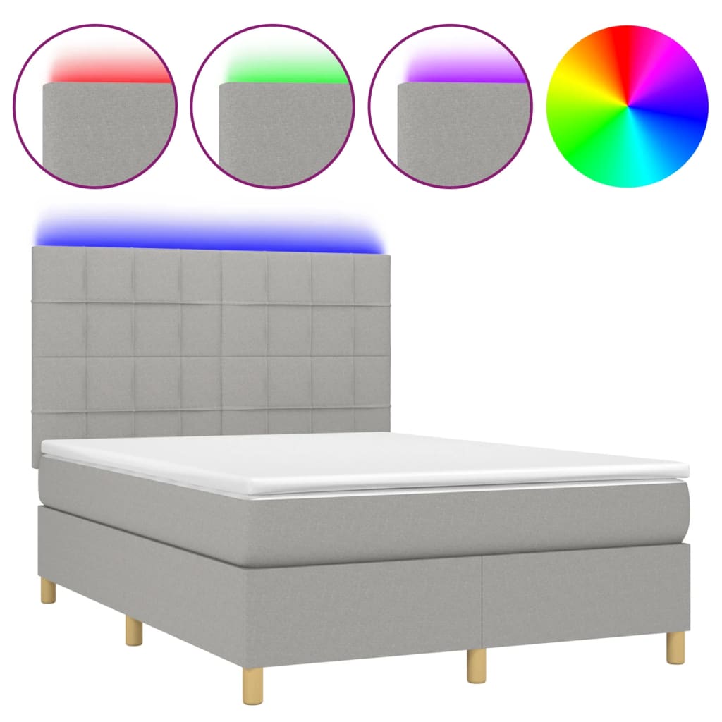 Cama box spring colchón y luces led tela gris claro 140x200 cm bloques con cuadros