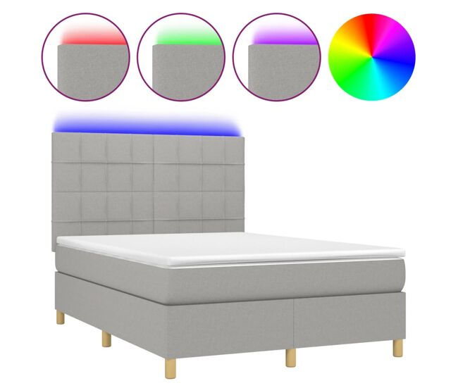 Cama box spring colchón y luces led tela gris claro 140x200 cm bloques con cuadros
