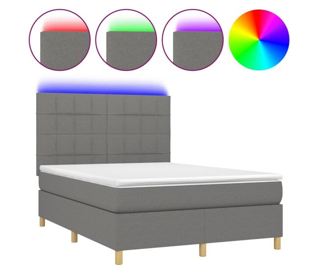 Cama box spring colchón y luces led tela gris oscuro 140x200 cm bloques con cuadros
