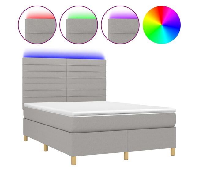 Cama box spring colchón y luces led tela gris claro 140x190 cm rayas horizontales