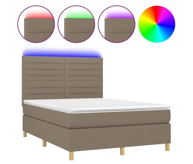 Cama box spring colchón y luces led tela gris taupe 140x200 cm rayas horizontales