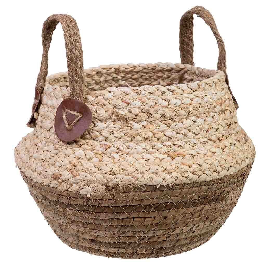 Cesto de fibra de hoja de banana y cuerda trenzada de maiz y asa de d28x27,5