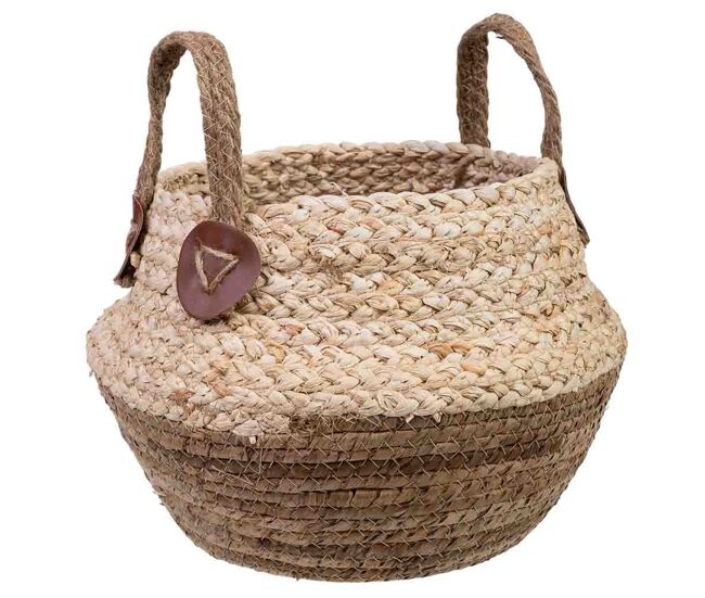 Cesto de fibra de hoja de banana y cuerda trenzada de maiz y asa de d28x27,5