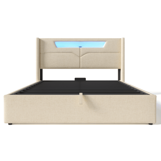 Cama contentora estofada em linho 160x200cm - com LEDs e portas de carga - com estrado de molas - Bege Cama contentora estofada em linho 160x200cm - com LEDs e portas de carga - com estrado de molas - Bege