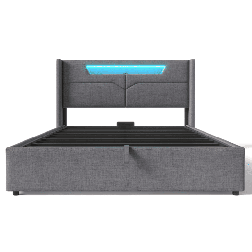Cama contentora estofada em linho 160x200cm - com LED e portas de carregamento - com estrado de molas - Cinzento