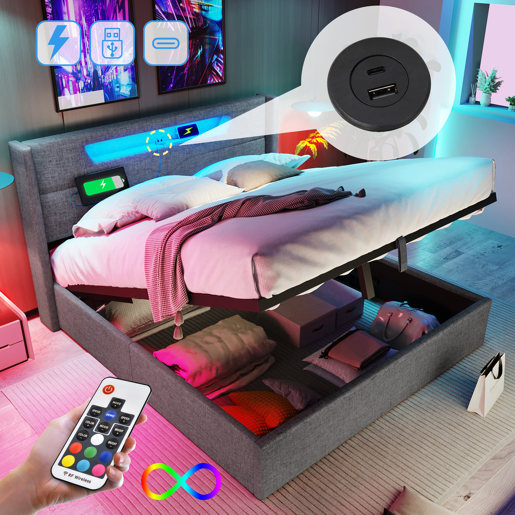 Cama contentora estofada em linho 160x200cm - com LED e portas de carregamento - com estrado de molas - Cinzento