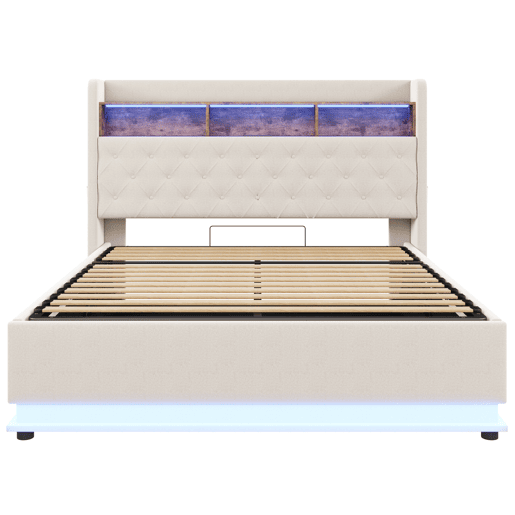 Cama de linho com canapé de 180x200 cm - com LED e tomadas USB - Bege