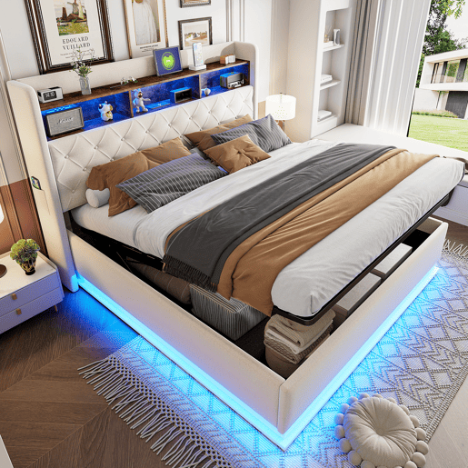 Cama de linho com canapé de 180x200 cm - com LED e tomadas USB - Bege