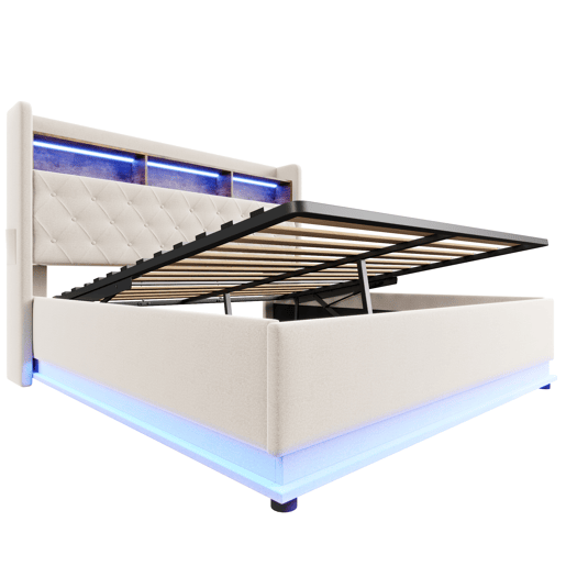 Cama de linho com canapé de 180x200 cm - com LED e tomadas USB - Bege