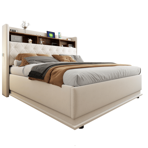 Cama de linho com canapé de 180x200 cm - com LED e tomadas USB - Bege