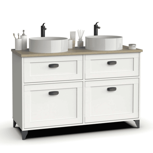 Móvel de banheiro duplo Toscana com 2 gavetas e 2 portas com pias de 120 cm em carvalho branco e cambriano