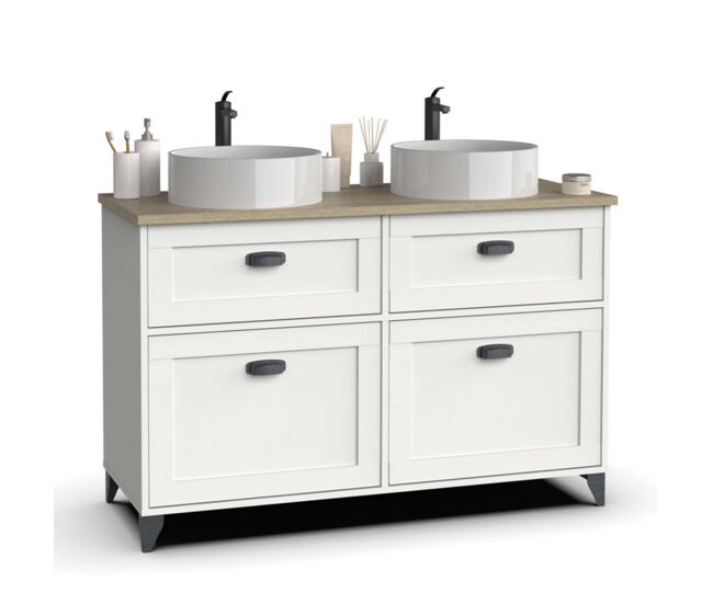 Mueble de baño doble toscana 2 cajones y 2 puertas con lavabos 120cm blanco y roble cambrian