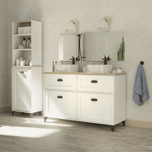 Móvel de banheiro duplo Toscana com 2 gavetas e 2 portas com pias de 120 cm em carvalho branco e cambriano