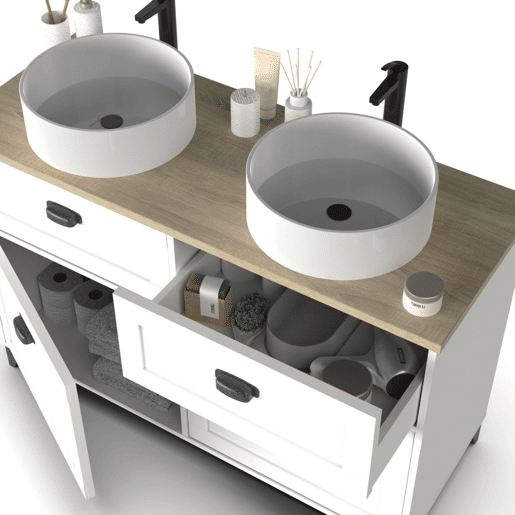 Móvel de banheiro duplo Toscana com 2 gavetas e 2 portas com pias de 120 cm em carvalho branco e cambriano