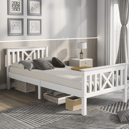 Cama de madeira maciça com estrado de ripas - 90x200cm - Branco