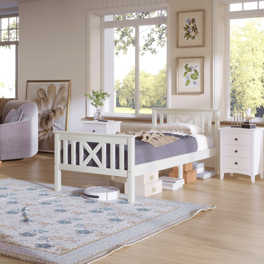 Cama de madeira maciça com estrado de ripas - 90x200cm - Branco