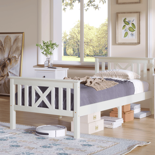 Cama de madeira maciça com estrado de ripas - 90x200cm - Branco