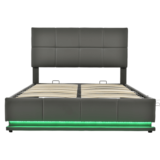 Cama contentora estofada 140x200 cm com iluminação LED - em imitação de pele - Cinzento