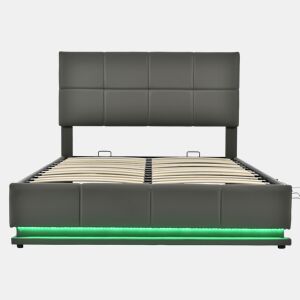 Cama contentora estofada 140x200 cm com iluminação LED - em imitação de pele - Cinzento