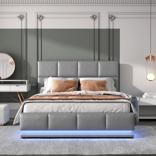 Cama contentora estofada 140x200 cm com iluminação LED - em imitação de pele - Cinzento