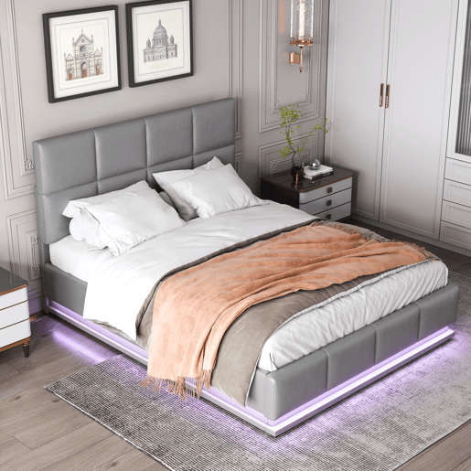 Cama contentora estofada 140x200 cm com iluminação LED - em imitação de pele - Cinzento