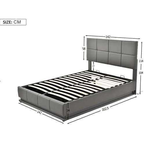 Cama contentora estofada 140x200 cm com iluminação LED - em imitação de pele - Cinzento