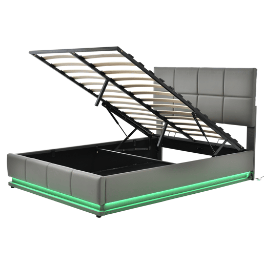 Cama contentora estofada 140x200 cm com iluminação LED - em imitação de pele - Cinzento