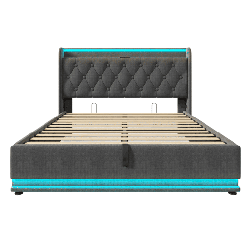 Cama para arrumação de roupa de cama 160x200 cm - com LED, USB e tomadas C - Cinzento
