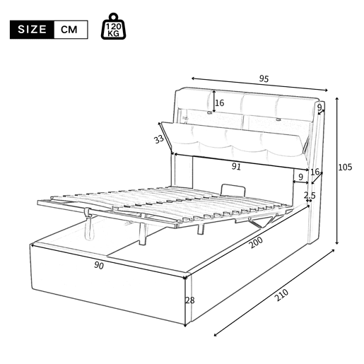Cama de couro sintético com sofá de 90x200 cm - couro sintético - cabeceira com sofá - Branco