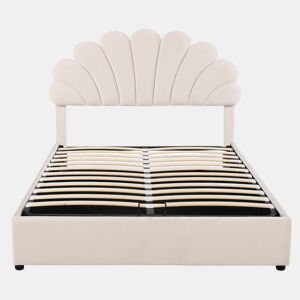 Cama com arrumação estofada em veludo - 140x200 cm - cabeceira em forma de flor - com estrado de ripas - Bege