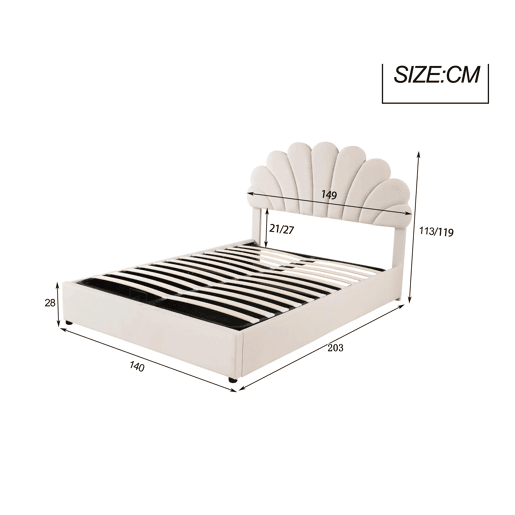 Cama com arrumação estofada em veludo - 140x200 cm - cabeceira em forma de flor - com estrado de ripas - Bege Cama com arrumação estofada em veludo - 140x200 cm - cabeceira em forma de flor - com estrado de ripas - Bege