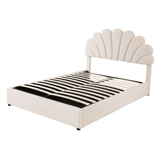 Cama com arrumação estofada em veludo - 140x200 cm - cabeceira em forma de flor - com estrado de ripas - Bege Cama com arrumação estofada em veludo - 140x200 cm - cabeceira em forma de flor - com estrado de ripas - Bege
