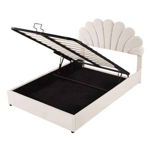 Cama com arrumação estofada em veludo - 140x200 cm - cabeceira em forma de flor - com estrado de ripas - Bege Cama com arrumação estofada em veludo - 140x200 cm - cabeceira em forma de flor - com estrado de ripas - Bege
