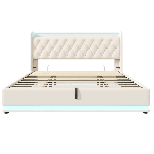 Cama de arrumação em pele sintética 180x200 cm - com LED, USB e fichas tipo C - Branco