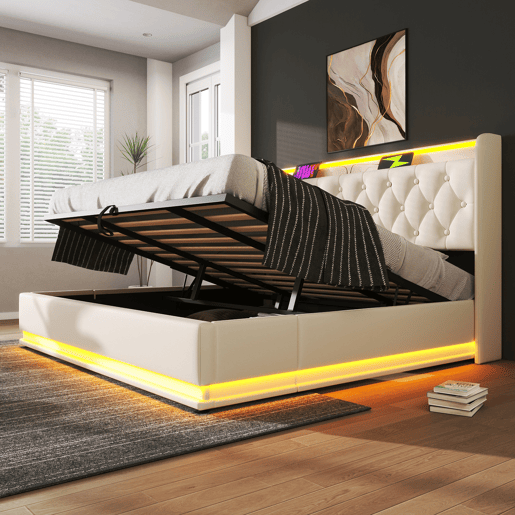 Cama de arrumação em pele sintética 180x200 cm - com LED, USB e fichas tipo C - Branco