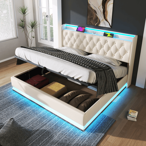 Cama de arrumação em pele sintética 180x200 cm - com LED, USB e fichas tipo C - Branco