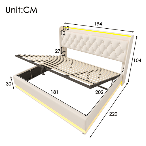 Cama de arrumação em pele sintética 180x200 cm - com LED, USB e fichas tipo C - Branco