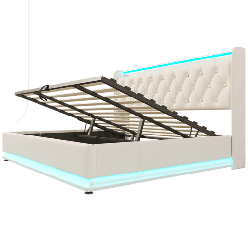 Cama de arrumação em pele sintética 180x200 cm - com LED, USB e fichas tipo C - Branco