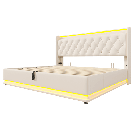 Cama de arrumação em pele sintética 180x200 cm - com LED, USB e fichas tipo C - Branco