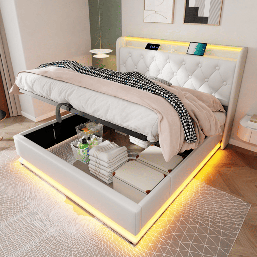 Cama contentora em pele sintética 160x200 cm - com LED e fichas USB e tipo C - Branco