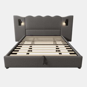 Cama para arrumação de roupa de cama 180x200 cm - com luz de leitura e função de carregamento - com estrado de ripas - Cinzento