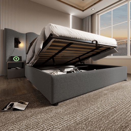 Cama para arrumação de roupa de cama 180x200 cm - com luz de leitura e função de carregamento - com estrado de ripas - Cinzento